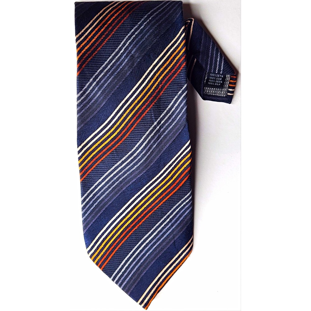 Harvé Benard by Benard Holtzman 100% Silk Men's Tie Navy Orange Striped Woven 58